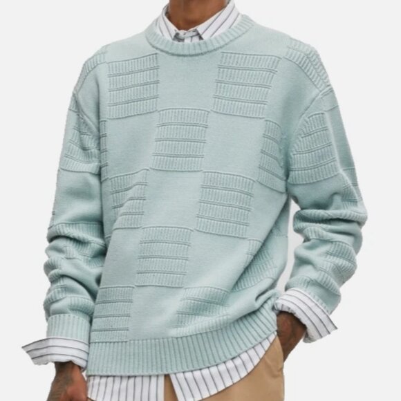 Mode of One Men's Long-Sleeve Relaxed-Fit Textured Check Sweater Blue Fin XXL - Picture 1 of 6